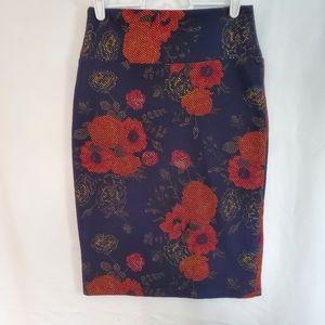 LuLaRoe Blue Bodycon Pencil Skirt Floral Print Stretch Elastic Waistband Size XS